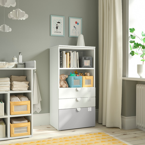 SMÅSTAD / PLATSA Bookcase, white grey/with 3 drawers, 60x42x123 cm