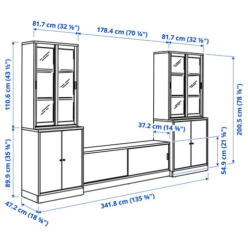 TONSTAD TV storage combination, oak veneer/clear glass, 342x47x201 cm