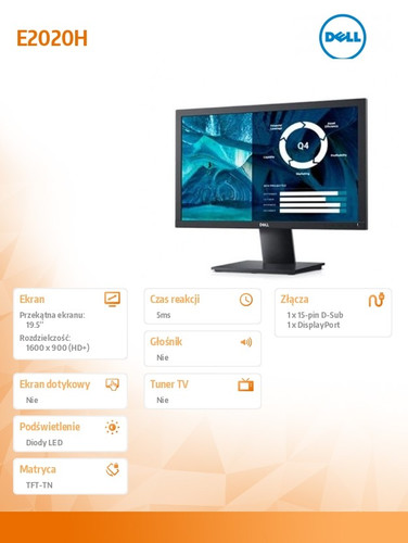 DELL 19.5" Monitor E2020H LED TN 1600x900 /VGA/DP/5Y PPG