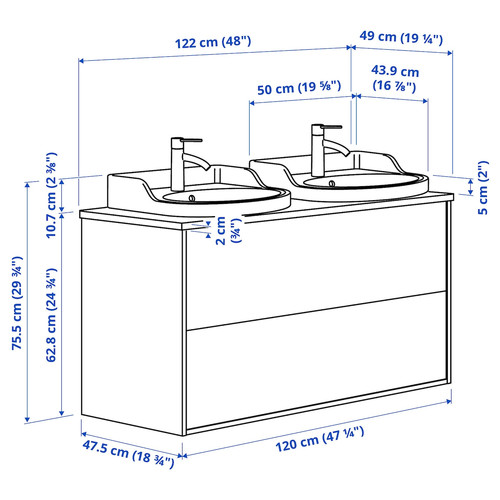 TÄNNFORSEN / RUTSJÖN Wash-stnd w drawers/wash-basin/taps, white/black marble effect, 122x49x76 cm