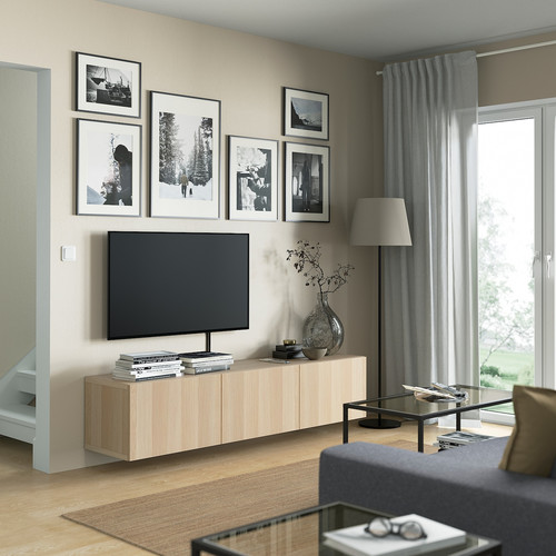 BESTÅ TV bench with doors, white stained oak effect, Lappviken white stained oak effect, 180x42x38 cm