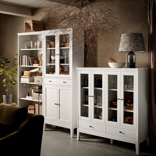 IDANÄS Cabinet with bi-folded glass doors, white, 121x50x135 cm