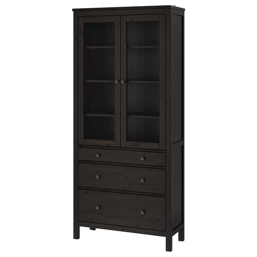 HEMNES Glass-door cabinet with 3 drawers, black-brown, 90x197 cm