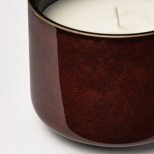 KOPPARLÖNN Scented candle in ceramic jar, almond & cherry/brown-red, 25 hr