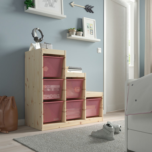 TROFAST Storage combination with boxes, light white stained pine/light red, 94x44x91 cm