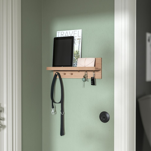 HÄSTVISKARE Wall organiser w hooks, oak, 42x15x11 cm