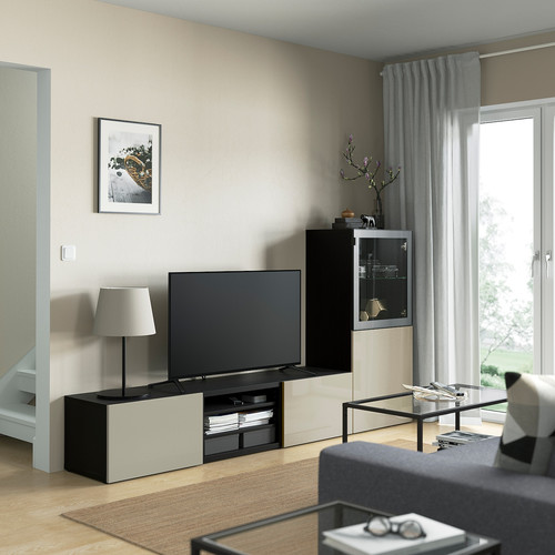 BESTÅ TV storage combination/glass doors, black-brown/Selsviken high-gloss/beige clear glass, 240x42x129 cm