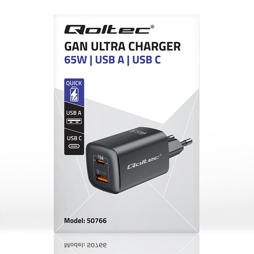 Qoltec Wall Charger EU Plug GaN ULTRA 65W 5V 20V, 2.25A 3.25A