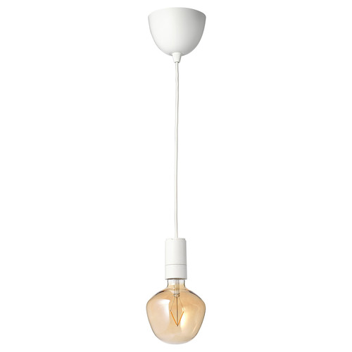 SUNNEBY / MOLNART Pendant lamp with light bulb, white/bell-shaped brown clear glass
