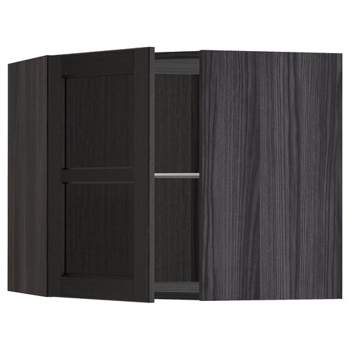 METOD Corner wall cab w shelves/glass dr, black/Lerhyttan black stained, 67.5x67.5x60 cm