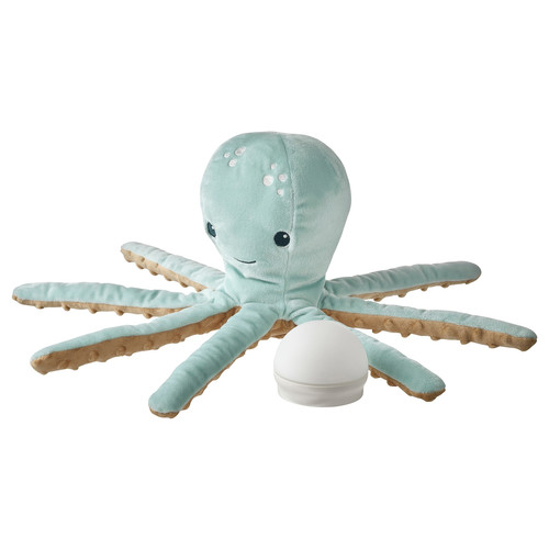 BLÅVINGAD Soft toy with LED night light, turquoise octopus/battery-operated