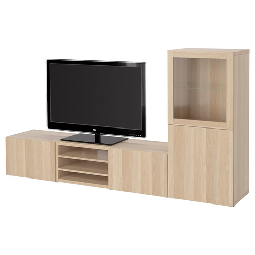 BESTÅ TV storage combination/glass doors, white stained oak effect/Lappviken white stained oak eff clear glass, 240x42x129 cm