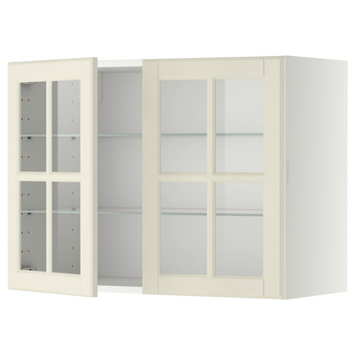 METOD Wall cabinet w shelves/2 glass drs, white/Bodbyn off-white, 80x60 cm