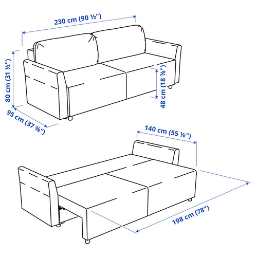 BRISSUND 3-seat sofa-bed, Hakebo dark grey