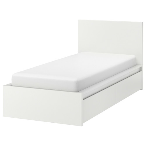 MALM Bed frame, high, w 2 storage boxes, white, 90x200 cm