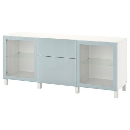 BESTÅ Storage combination with drawers, white Selsviken/Stubbarp/light grey-blue clear glass, 180x42x74 cm