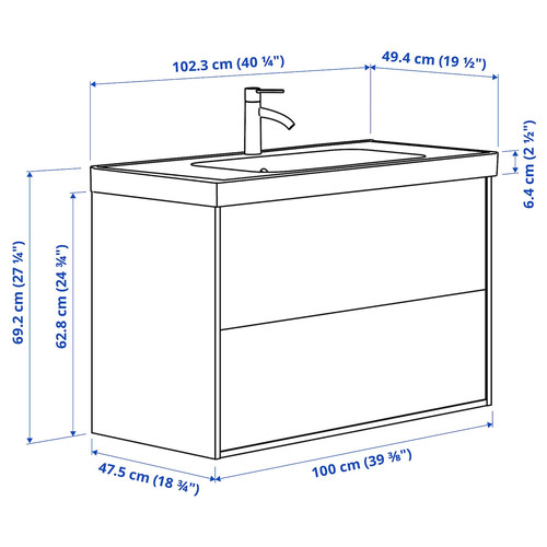 TÄNNFORSEN / ORRSJÖN Wash-stnd w drawers/wash-basin/tap, light grey, 102x49x69 cm