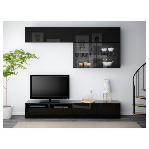 BESTÅ TV storage combination/glass doors, black-brown/Selsviken high-gloss/black clear glass, 240x42x231 cm