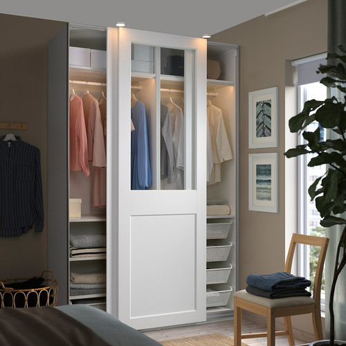 PAX / GRIMO Wardrobe with sliding doors, white/clear glass white, 150x66x236 cm