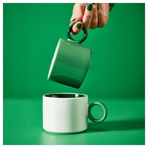 PIGGÅL Mug, white/green, 30 cl, 2 pack