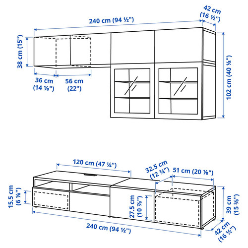 BESTÅ TV storage combination/glass doors, white/Hanviken white clear glass, 240x42x231 cm