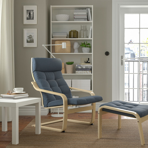 POÄNG Armchair and footstool, birch veneer/Gunnared blue