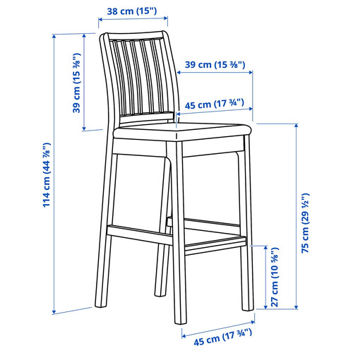 EKEDALEN Bar stool with backrest, dark brown, Orrsta light grey, 75 cm