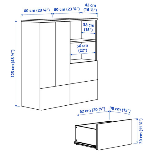 SMÅSTAD / PLATSA Storage combination, white red/stripe with 3 drawers, 120x42x123 cm