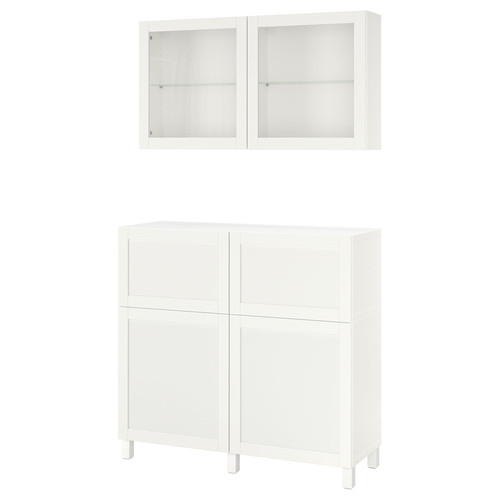 BESTÅ Storage combination w doors/drawers, white/Hanviken/Stubbarp white clear glass, 120x42x213 cm