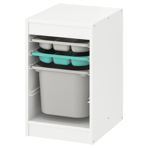 TROFAST Storage combination with box/trays, white grey/turquoise, 34x44x56 cm