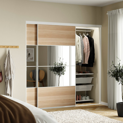 SKYTTA / BOAXEL Reach-in wardrobe with sliding door, white Mehamn/Auli/white stained oak effect mirror glass, 202x65x205 cm