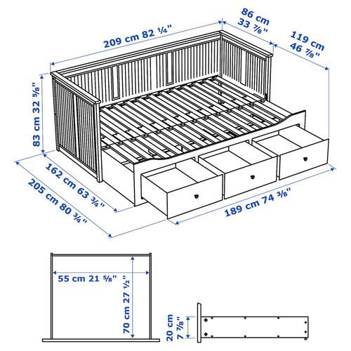 HEMNES Day-bed w 3 drawers/2 mattresses, grey/Vannareid firm, 80x200 cm