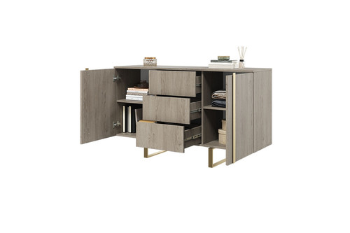 Cabinet with 2 Doors & 3 Drawers Verica 150 cm, biscuit oak/gold legs