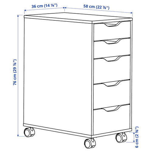 ALEX Drawer unit on castors, white/black, 36x76 cm