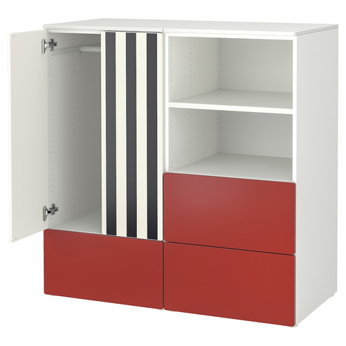 SMÅSTAD / PLATSA Storage combination, white red/stripe with 3 drawers, 120x57x123 cm