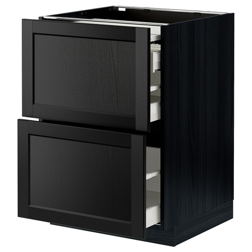 METOD / MAXIMERA Bc w pull-out work surface/3drw, black/Lerhyttan black stained, 60x60 cm