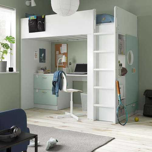 SMÅSTAD Loft bed, white light green/with desk with 3 drawers, 90x200 cm