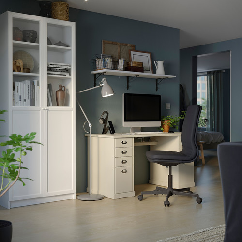 VEBJÖRN/MULLFJÄLLET / BILLY/OXBERG Desk and storage combination, and swivel chair beige/grey/white