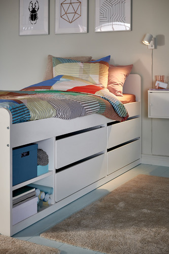 SLÄKT Bed frame w storage+slatted bedbase, white, 90x200 cm