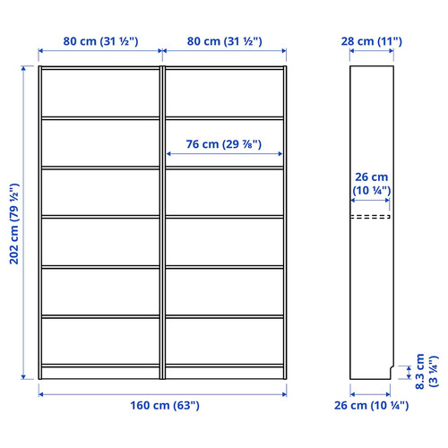 BILLY Bookcase combination, oak effect, 160x28x202 cm