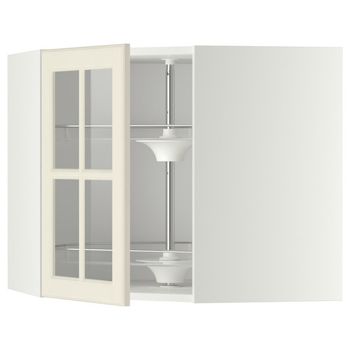 METOD Corner wall cab w carousel/glass dr, white/Bodbyn off-white, 68x60 cm