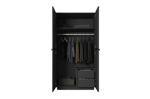Wardrobe Nicole with Drawer Unit 100 cm, matt black, black handles