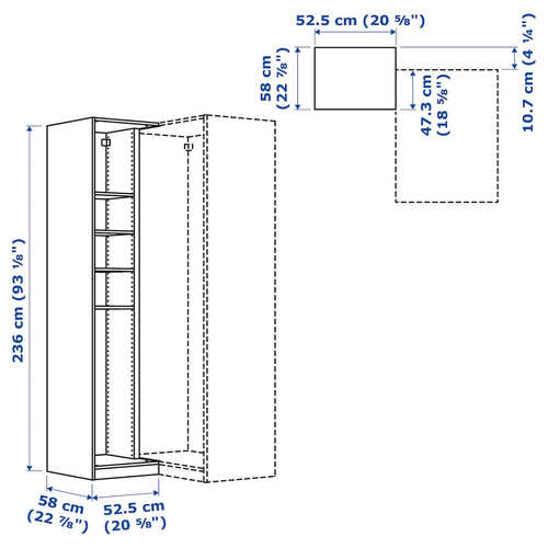 PAX Add-on corner unit with 4 shelves, white, 53x58x236 cm