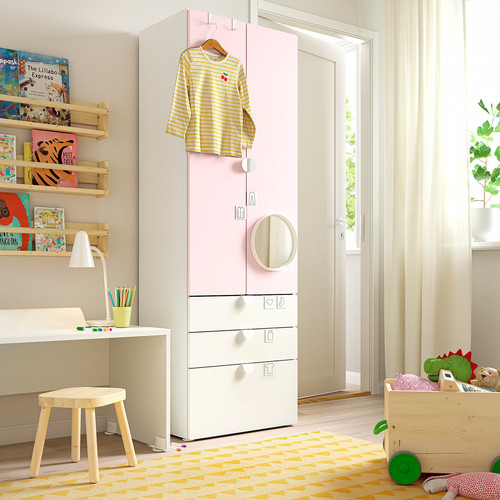 SMÅSTAD / PLATSA Wardrobe, white pale pink/with 3 drawers, 60x42x181 cm