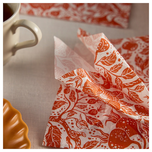 HÖSTAGILLE Paper napkin, floral pattern white/orange, 33x33 cm