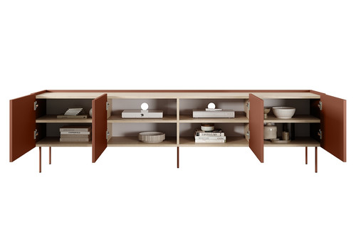 Four-Door TV Cabinet Desin 220, ceramic red/nagano oak