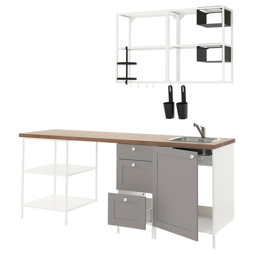 ENHET Kitchen, white/grey frame, 223x63.5x222 cm