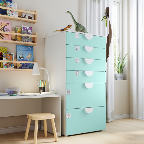 SMÅSTAD / PLATSA Chest of 6 drawers, white, pale turquoise, 60x55x123 cm