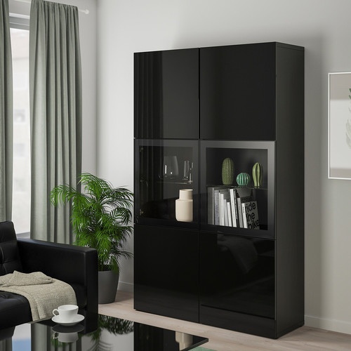 BESTÅ Storage combination w/glass doors, black-brown, Selsviken high-gloss/black, clear glass, 120x40x192 cm