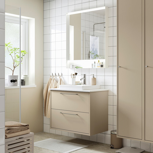 HAVBÄCK / ORRSJÖN Wash-stnd w drawers/wash-basin/tap, beige/white marble effect, 82x49x71 cm